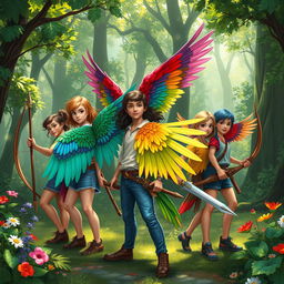 A group of adventurous teens with vibrant bird wings, each armed with unique weapons like bows, spears, and swords