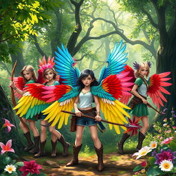 A group of adventurous teens with vibrant bird wings, each armed with unique weapons like bows, spears, and swords