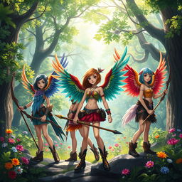 A group of adventurous teens with vibrant bird wings, each armed with unique weapons like bows, spears, and swords