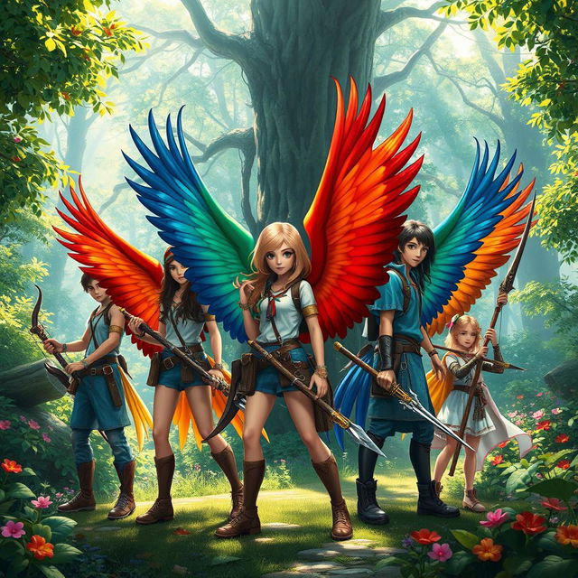 A group of adventurous teens with vibrant bird wings, each armed with unique weapons like bows, spears, and swords