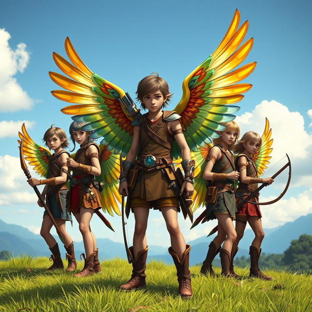 A group of teenage warriors with vibrant bird wings on their backs, each adorned with intricate bows, spears, and swords, standing heroically on a lush green landscape