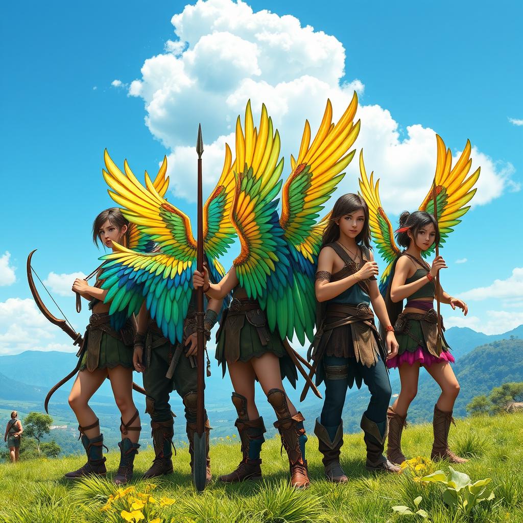 A group of teenage warriors with vibrant bird wings on their backs, each adorned with intricate bows, spears, and swords, standing heroically on a lush green landscape