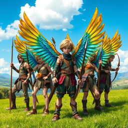 A group of teenage warriors with vibrant bird wings on their backs, each adorned with intricate bows, spears, and swords, standing heroically on a lush green landscape