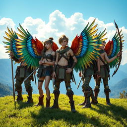 A group of teenage warriors with vibrant bird wings on their backs, each adorned with intricate bows, spears, and swords, standing heroically on a lush green landscape
