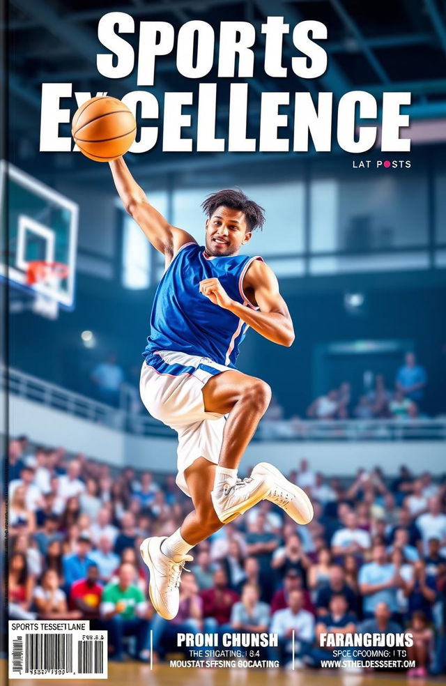 A dynamic and energetic sports magazine cover featuring a male basketball player soaring through the air for a slam dunk