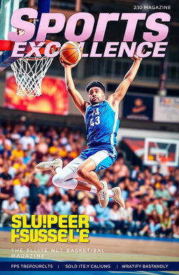 A dynamic and energetic sports magazine cover featuring a male basketball player soaring through the air for a slam dunk