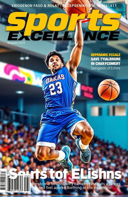A dynamic and energetic sports magazine cover featuring a male basketball player soaring through the air for a slam dunk