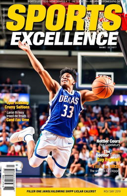 A dynamic and energetic sports magazine cover featuring a male basketball player soaring through the air for a slam dunk