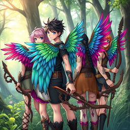 A group of teenage characters with vibrant and colorful bird wings on their backs, each adorned with intricate tattoos and wearing stylish clothing that blends fantasy and modern aesthetics