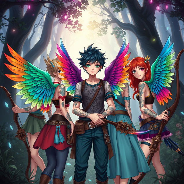 A group of teenage characters with vibrant and colorful bird wings on their backs, each adorned with intricate tattoos and wearing stylish clothing that blends fantasy and modern aesthetics