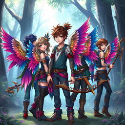 A group of teenage characters with vibrant and colorful bird wings on their backs, each adorned with intricate tattoos and wearing stylish clothing that blends fantasy and modern aesthetics