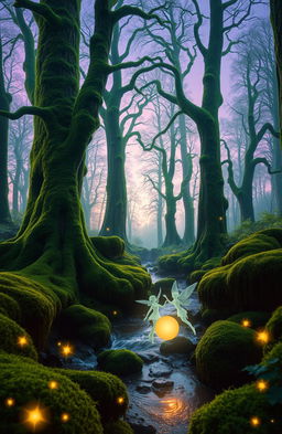 A mystical forest scene at twilight, with tall, ancient trees covered in vibrant green moss