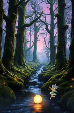 A mystical forest scene at twilight, with tall, ancient trees covered in vibrant green moss