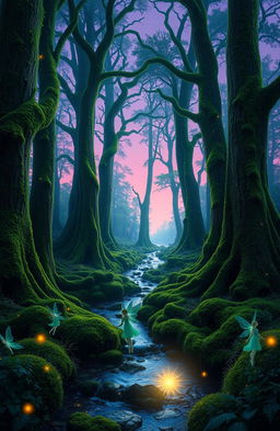 A mystical forest scene at twilight, with tall, ancient trees covered in vibrant green moss