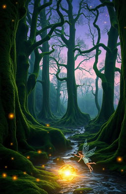 A mystical forest scene at twilight, with tall, ancient trees covered in vibrant green moss