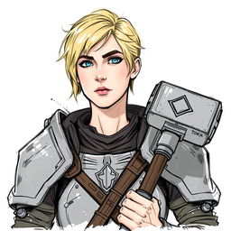 A sketch illustration of Aela Brise-Fer, a woman in her forties with short-cut blond hair and steely-blue eyes
