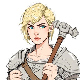 A sketch illustration of Aela Brise-Fer, a woman in her forties with short-cut blond hair and steely-blue eyes