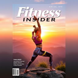 An eye-catching and unique gym magazine cover showcasing a fit woman performing a challenging yoga pose on a scenic mountain overlook during sunrise