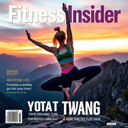 An eye-catching and unique gym magazine cover showcasing a fit woman performing a challenging yoga pose on a scenic mountain overlook during sunrise