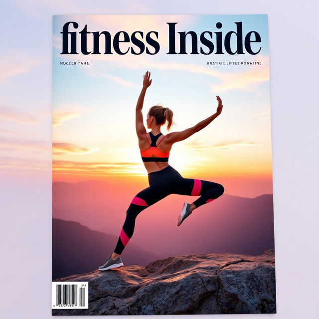 An eye-catching and unique gym magazine cover showcasing a fit woman performing a challenging yoga pose on a scenic mountain overlook during sunrise