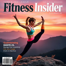 An eye-catching and unique gym magazine cover showcasing a fit woman performing a challenging yoga pose on a scenic mountain overlook during sunrise