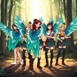 A group of stylized teenage girls, each with striking vibrant wings resembling those of birds from Greenland, showcasing intricate feather patterns in shades of blue, green, and white