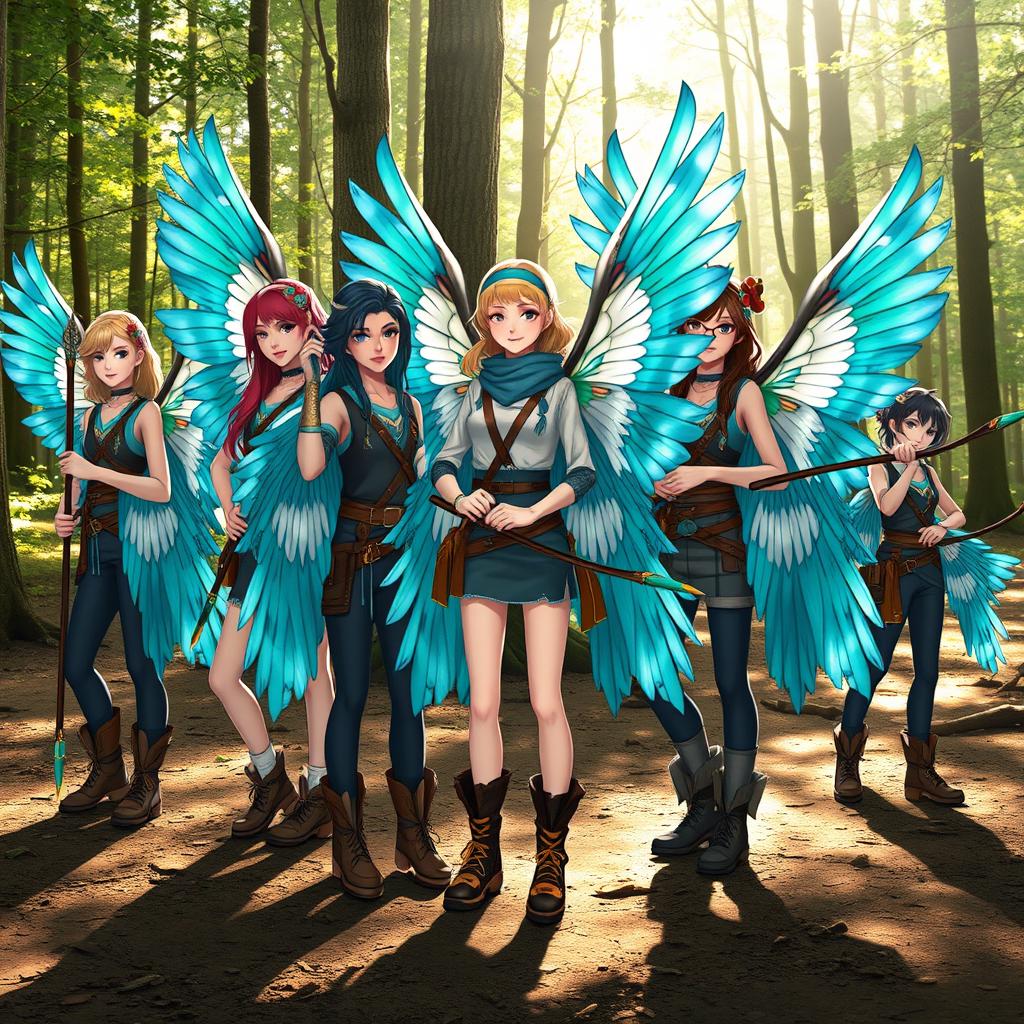 A group of stylized teenage girls, each with striking vibrant wings resembling those of birds from Greenland, showcasing intricate feather patterns in shades of blue, green, and white