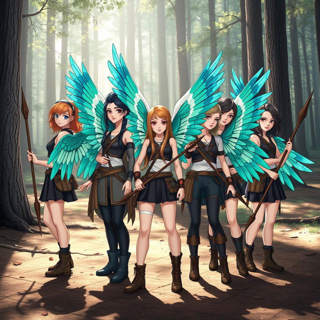 A group of stylized teenage girls, each with striking vibrant wings resembling those of birds from Greenland, showcasing intricate feather patterns in shades of blue, green, and white