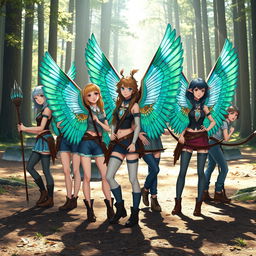 A group of stylized teenage girls, each with striking vibrant wings resembling those of birds from Greenland, showcasing intricate feather patterns in shades of blue, green, and white