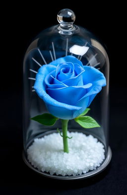 A beautiful blue rose enclosed in a glass dome similar to the one from "Beauty and the Beast", featuring delicate spines behind the rose, with varying shades of blue and sparkles on the petals