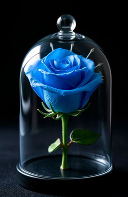 A beautiful blue rose enclosed in a glass dome similar to the one from "Beauty and the Beast", featuring delicate spines behind the rose, with varying shades of blue and sparkles on the petals