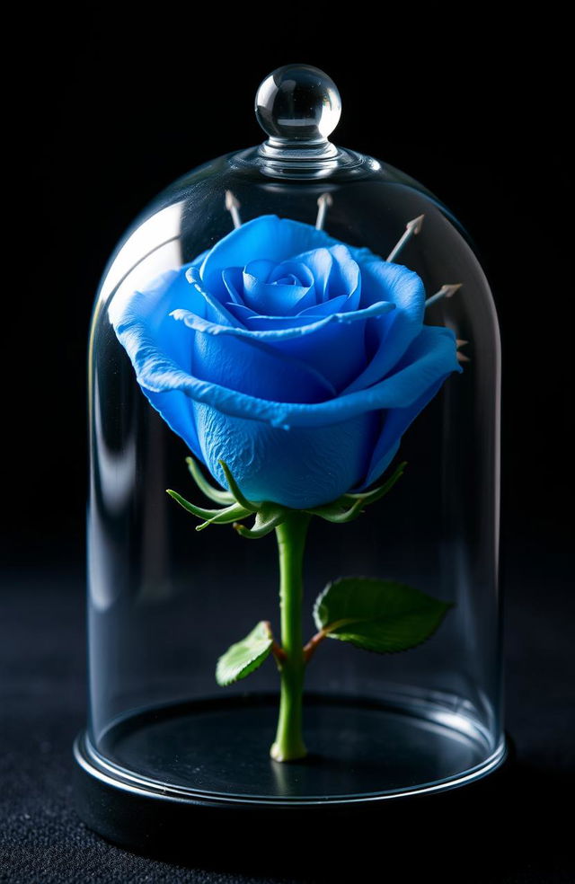 A beautiful blue rose enclosed in a glass dome similar to the one from "Beauty and the Beast", featuring delicate spines behind the rose, with varying shades of blue and sparkles on the petals