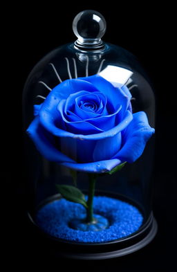 A beautiful blue rose enclosed in a glass dome similar to the one from "Beauty and the Beast", featuring delicate spines behind the rose, with varying shades of blue and sparkles on the petals