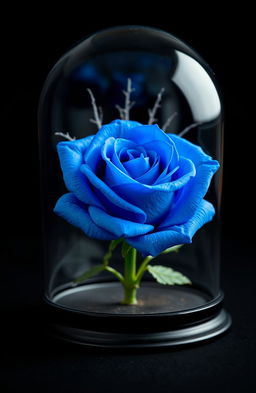 A beautiful blue rose enclosed in a glass dome similar to the one from "Beauty and the Beast", featuring delicate spines behind the rose, with varying shades of blue and sparkles on the petals