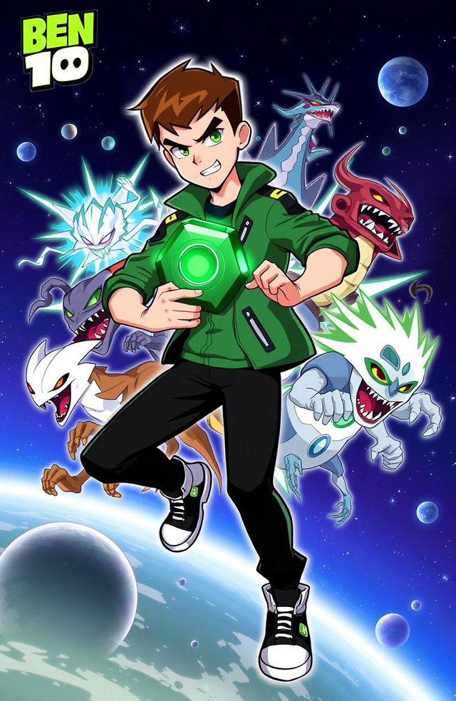 A dynamic and vibrant illustration of Ben Tennyson, the original hero from the animated series Ben 10, showcasing his iconic green Omnitrix device