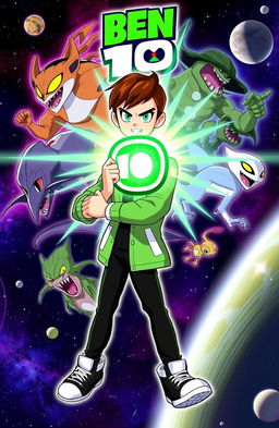 A dynamic and vibrant illustration of Ben Tennyson, the original hero from the animated series Ben 10, showcasing his iconic green Omnitrix device