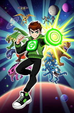 A dynamic and vibrant illustration of Ben Tennyson, the original hero from the animated series Ben 10, showcasing his iconic green Omnitrix device