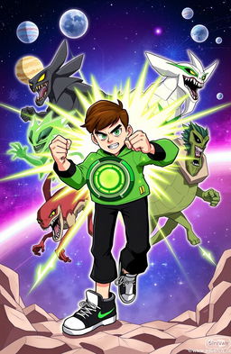 A dynamic and vibrant illustration of Ben Tennyson, the original hero from the animated series Ben 10, showcasing his iconic green Omnitrix device