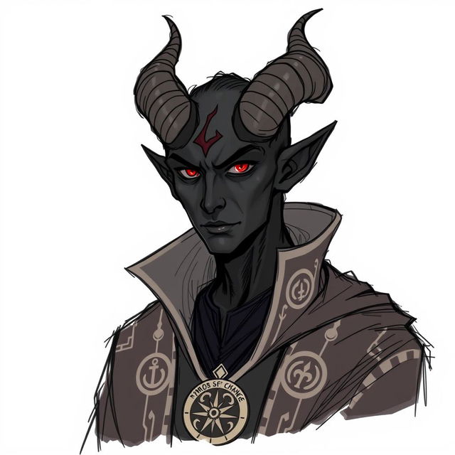 A sketch illustration of Eldrin Soleildeuil, a tiefling with ebony-black skin and elegantly curved horns