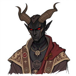 A sketch illustration of Eldrin Soleildeuil, a tiefling with ebony-black skin and elegantly curved horns