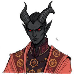 A sketch illustration of Eldrin Soleildeuil, a tiefling with ebony-black skin and elegantly curved horns