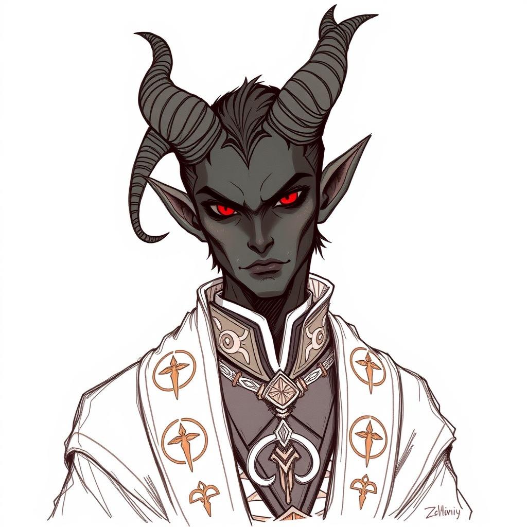 A sketch illustration of Eldrin Soleildeuil, a tiefling with ebony-black skin and elegantly curved horns