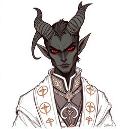 A sketch illustration of Eldrin Soleildeuil, a tiefling with ebony-black skin and elegantly curved horns