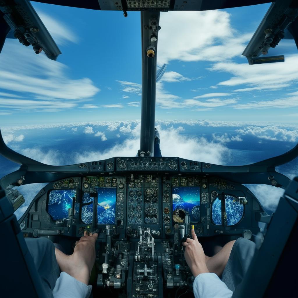 A digital avatar of a user flying an airplane, focusing on the cockpit with plethora of controls, against the backdrop of a bright blue sky.