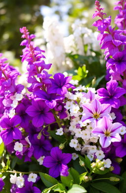 A beautiful arrangement of vibrant purple flowers interspersed with delicate white flowers, creating a stunning contrast