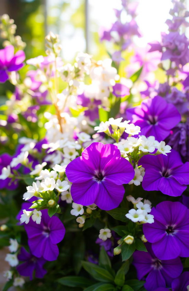 A beautiful arrangement of vibrant purple flowers interspersed with delicate white flowers, creating a stunning contrast