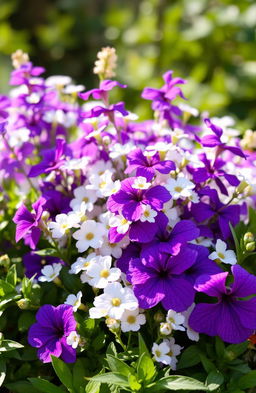 A beautiful arrangement of vibrant purple flowers interspersed with delicate white flowers, creating a stunning contrast