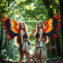 Two teenage girls with long flowing hair, each adorned with vibrant, majestic bird wings sprouting from their backs