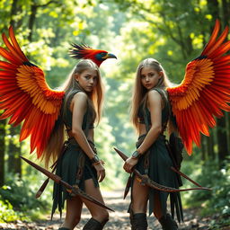 Two teenage girls with long flowing hair, each adorned with vibrant, majestic bird wings sprouting from their backs