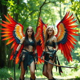 Two teenage girls with long flowing hair, each adorned with vibrant, majestic bird wings sprouting from their backs